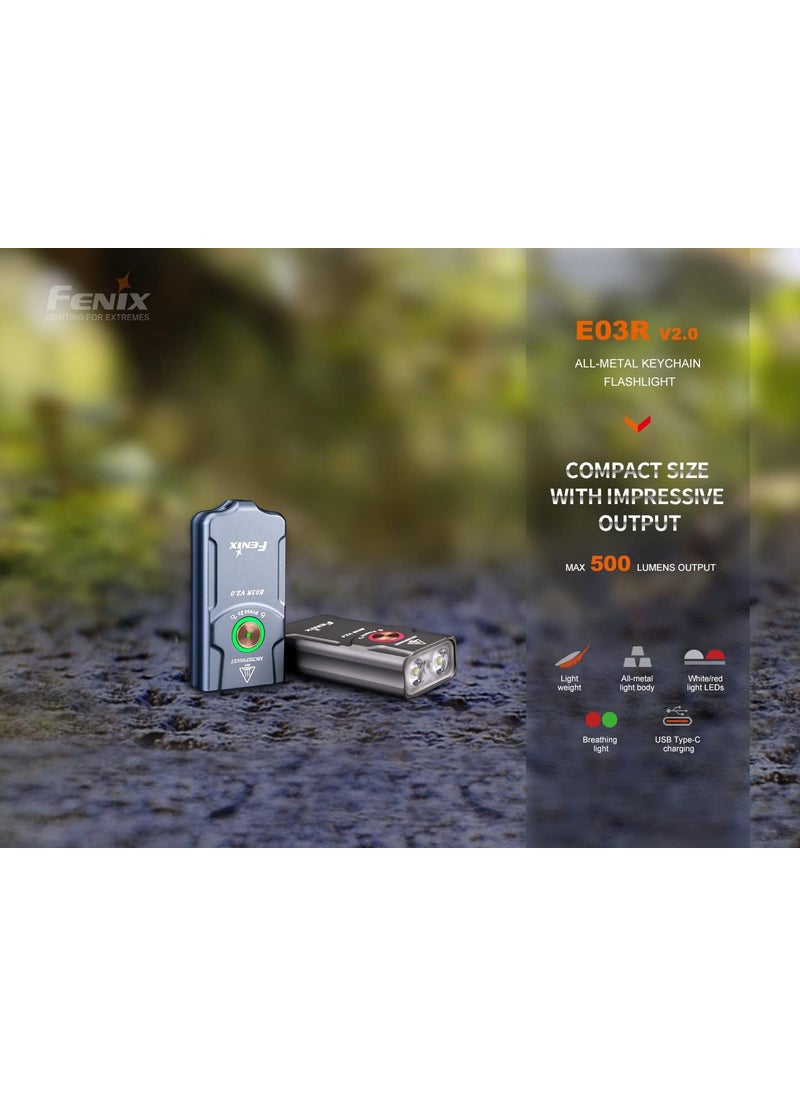 Fenix E03R V2 500 Lumen USB Rechargeable LED Keychain Flashlight EdisonBright Accessory case Bundle Grey