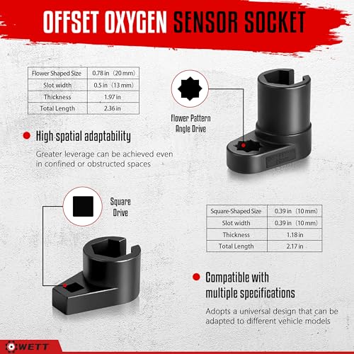 WETT Oxygen Sensor Socket Set 5Piece Offset O2 Sensor Wrench Removal Tool and Thread Chaser Tool Kit 38 12 Drive 22mm 78 Automotive Oxygen Sensor Sockets - Image 5