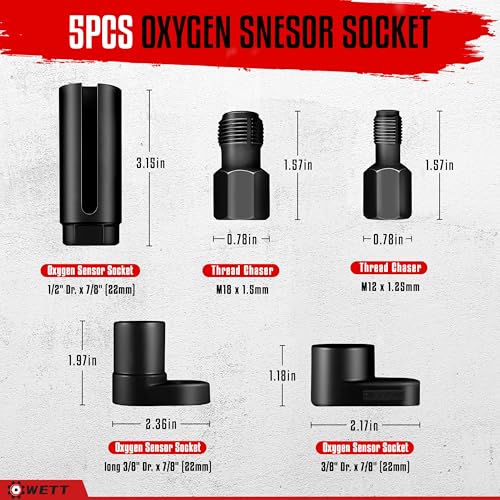 WETT Oxygen Sensor Socket Set 5Piece Offset O2 Sensor Wrench Removal Tool and Thread Chaser Tool Kit 38 12 Drive 22mm 78 Automotive Oxygen Sensor Sockets - Image 3