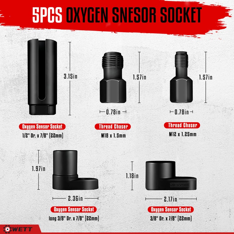 WETT Oxygen Sensor Socket Set 5Piece Offset O2 Sensor Wrench Removal Tool and Thread Chaser Tool Kit 38 12 Drive 22mm 78 Automotive Oxygen Sensor Sockets - Image 4