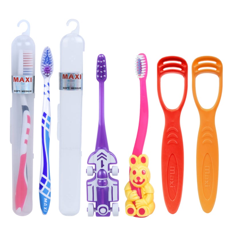 MAXI Oral Care Combo of 6-1 Zoom Car Junior Toothbrush & 1 Bingo Junior Toothbrush & (2 Adults) For You Toothbrush & (2 TC) 1 Number Tongue Cleaner - Image 1