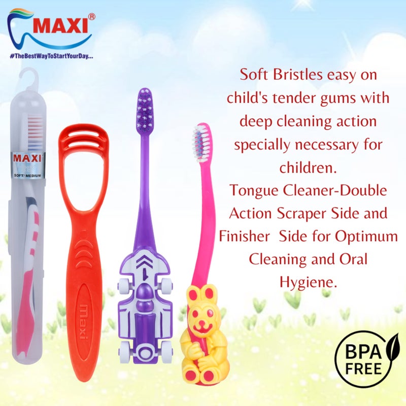MAXI Oral Care Combo of 6-1 Zoom Car Junior Toothbrush & 1 Bingo Junior Toothbrush & (2 Adults) For You Toothbrush & (2 TC) 1 Number Tongue Cleaner - Image 2