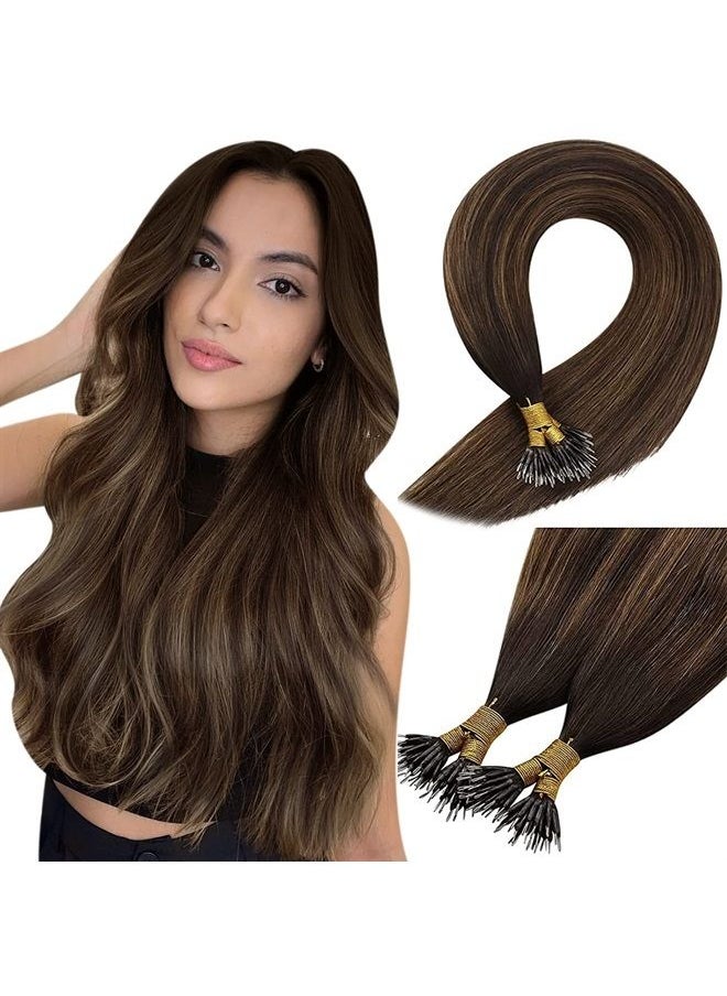 Sunny Hair Nano Bead Hair Extensions Brown Highlight, Sunny Nano Tip Human Hair Extensions Pre Bonded Nano Hair Extensions Darkest Brown Balayage Medium Brown Nano Ring Hair Extensions for Girls 50g 14Inch  - Image 1