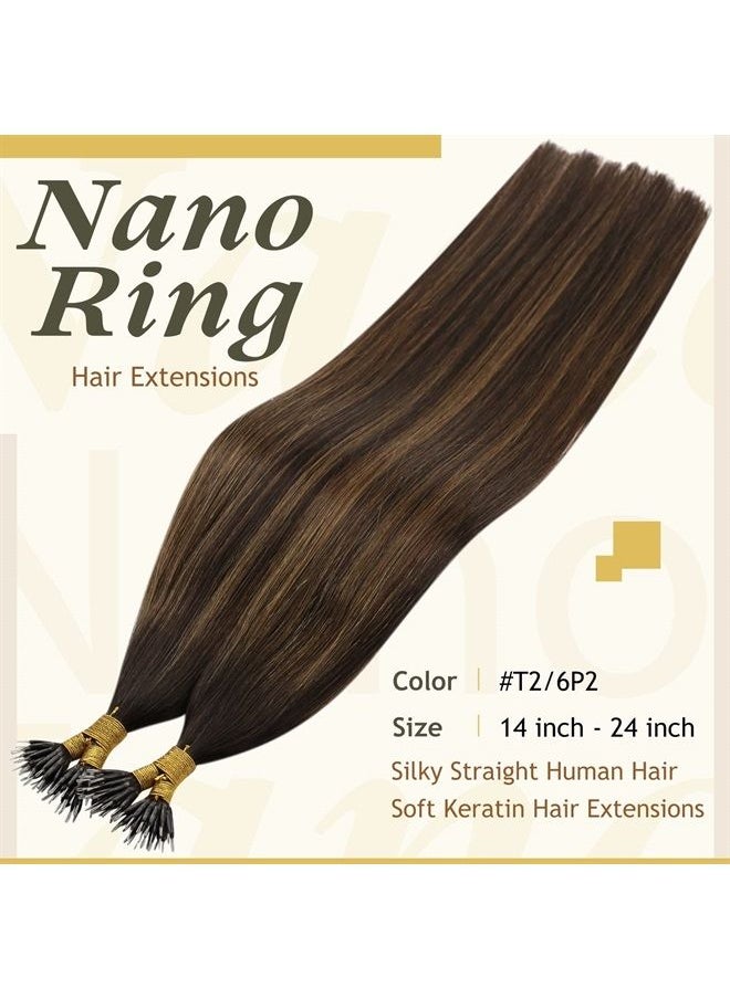 Sunny Hair Nano Bead Hair Extensions Brown Highlight, Sunny Nano Tip Human Hair Extensions Pre Bonded Nano Hair Extensions Darkest Brown Balayage Medium Brown Nano Ring Hair Extensions for Girls 50g 14Inch  - Image 3