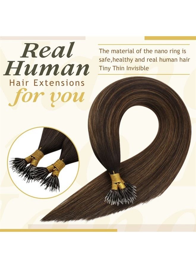 Sunny Hair Nano Bead Hair Extensions Brown Highlight, Sunny Nano Tip Human Hair Extensions Pre Bonded Nano Hair Extensions Darkest Brown Balayage Medium Brown Nano Ring Hair Extensions for Girls 50g 14Inch  - Image 5