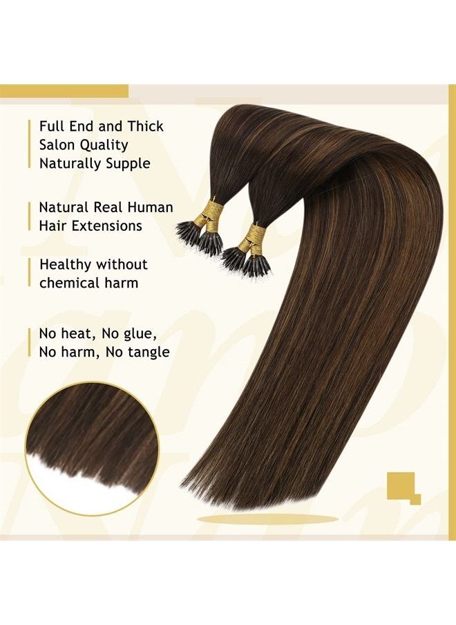 Sunny Hair Nano Bead Hair Extensions Brown Highlight, Sunny Nano Tip Human Hair Extensions Pre Bonded Nano Hair Extensions Darkest Brown Balayage Medium Brown Nano Ring Hair Extensions for Girls 50g 14Inch  - Image 4