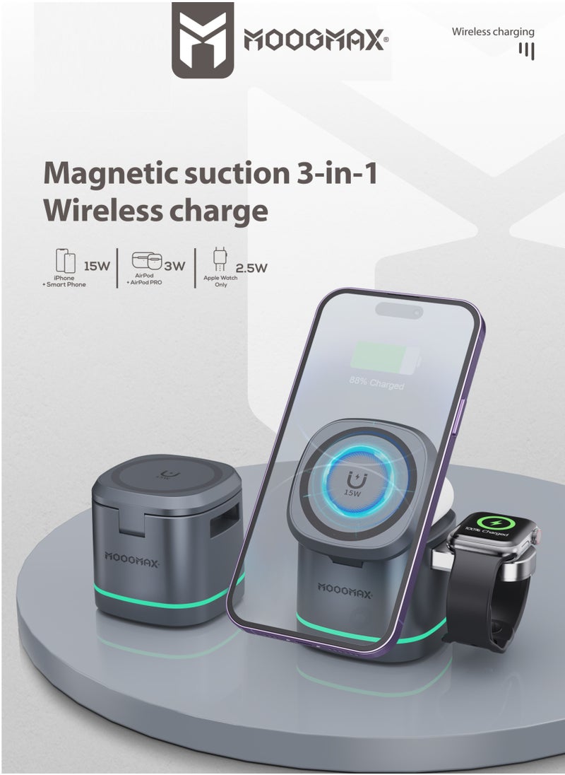 MOOGMAX Magnetic suction 3-in-1 ًWireless charging , features by safe charging,15W charging phones, 3W charging (Apple Watches) ,2.5W for any wireless earphones  - Image 1