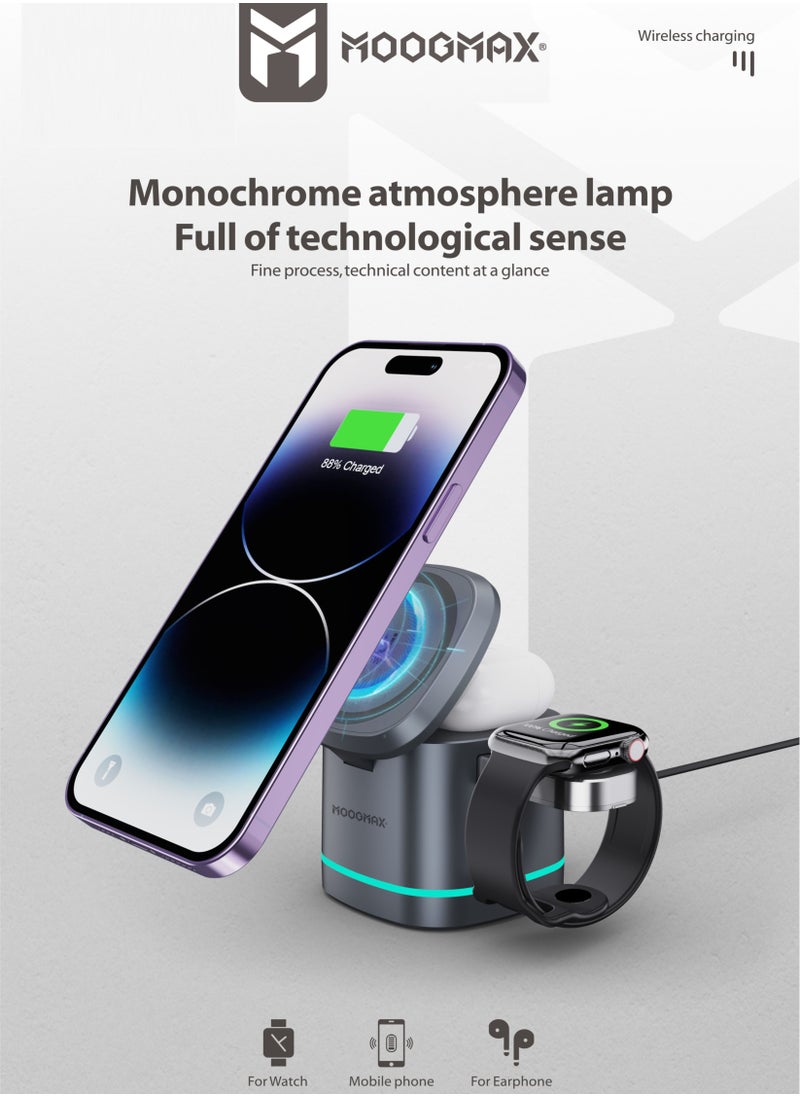MOOGMAX Magnetic suction 3-in-1 ًWireless charging , features by safe charging,15W charging phones, 3W charging (Apple Watches) ,2.5W for any wireless earphones  - Image 3