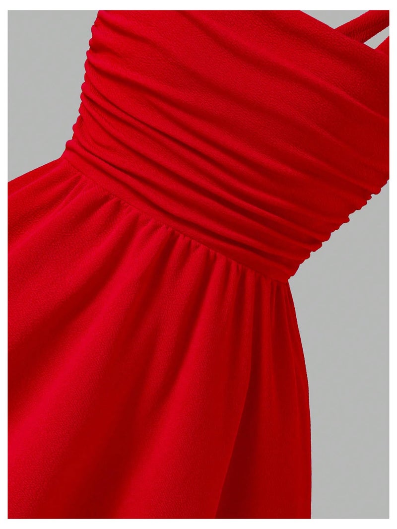 WDIRARA Girl's Bow Sleeveless A Line Mini Dress Ruched Ruffle Swing Cami Dresses Red 11Y - Image 3