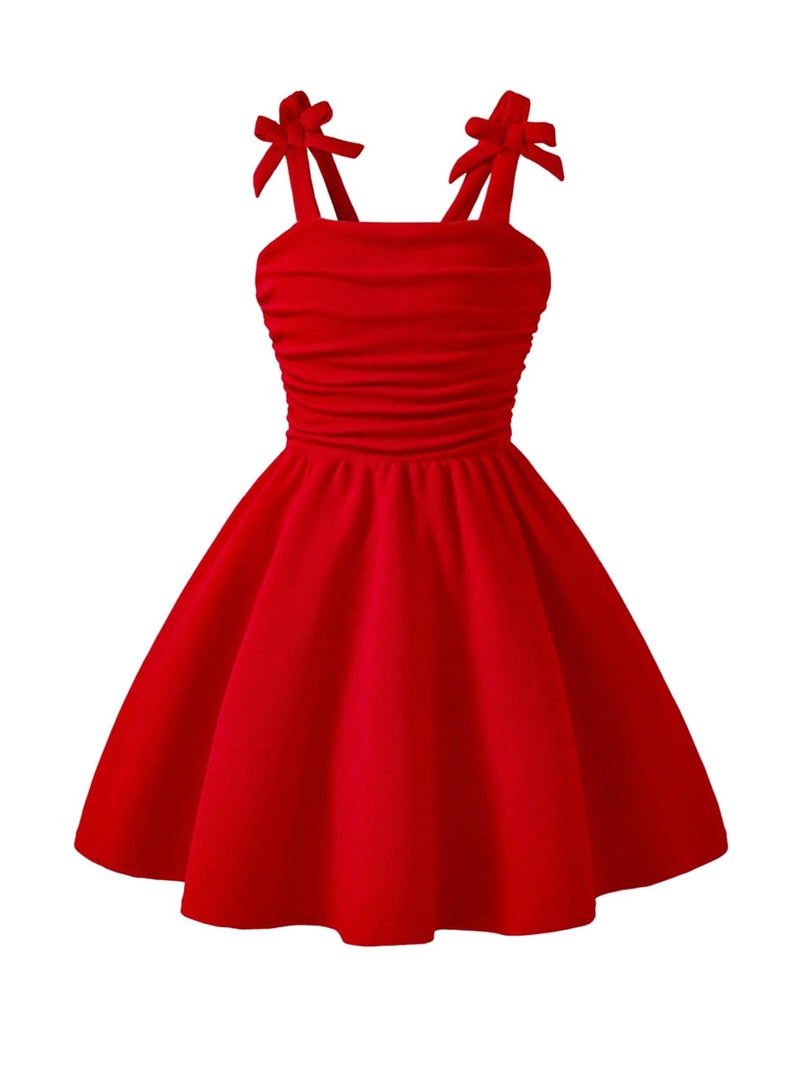 WDIRARA Girl's Bow Sleeveless A Line Mini Dress Ruched Ruffle Swing Cami Dresses Red 11Y - Image 1