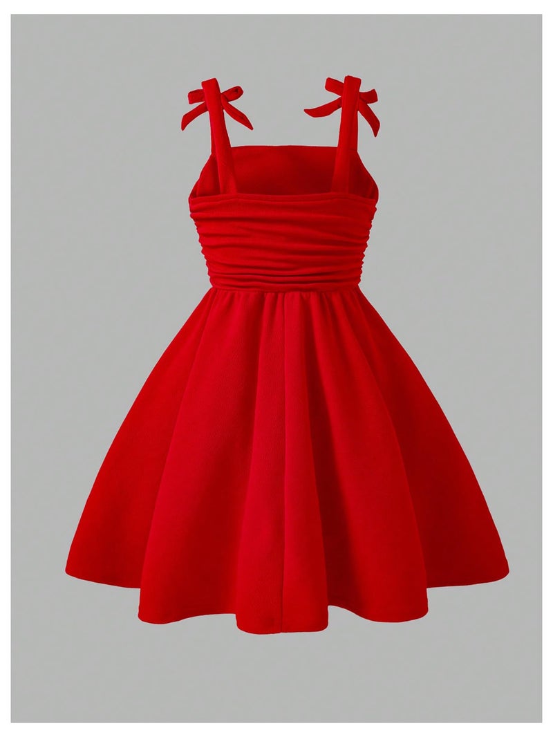 WDIRARA Girl's Bow Sleeveless A Line Mini Dress Ruched Ruffle Swing Cami Dresses Red 11Y - Image 2