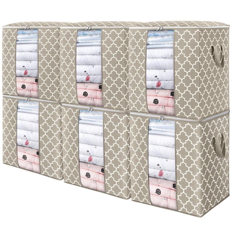 الحكمة والحياة أكياس تخزين Wiselife مكونة من 6 عبوات/100 لتر كبيرة لتنظيم الملابس وحاويات تخزين للألحفة، منظم قابل للطي مع مقبض معزز، نافذة شفافة، سحابات قوية، بيج - Image 1