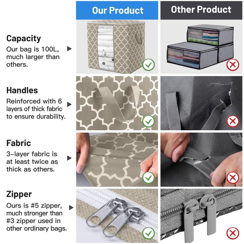 الحكمة والحياة أكياس تخزين Wiselife مكونة من 6 عبوات/100 لتر كبيرة لتنظيم الملابس وحاويات تخزين للألحفة، منظم قابل للطي مع مقبض معزز، نافذة شفافة، سحابات قوية، بيج - Image 4