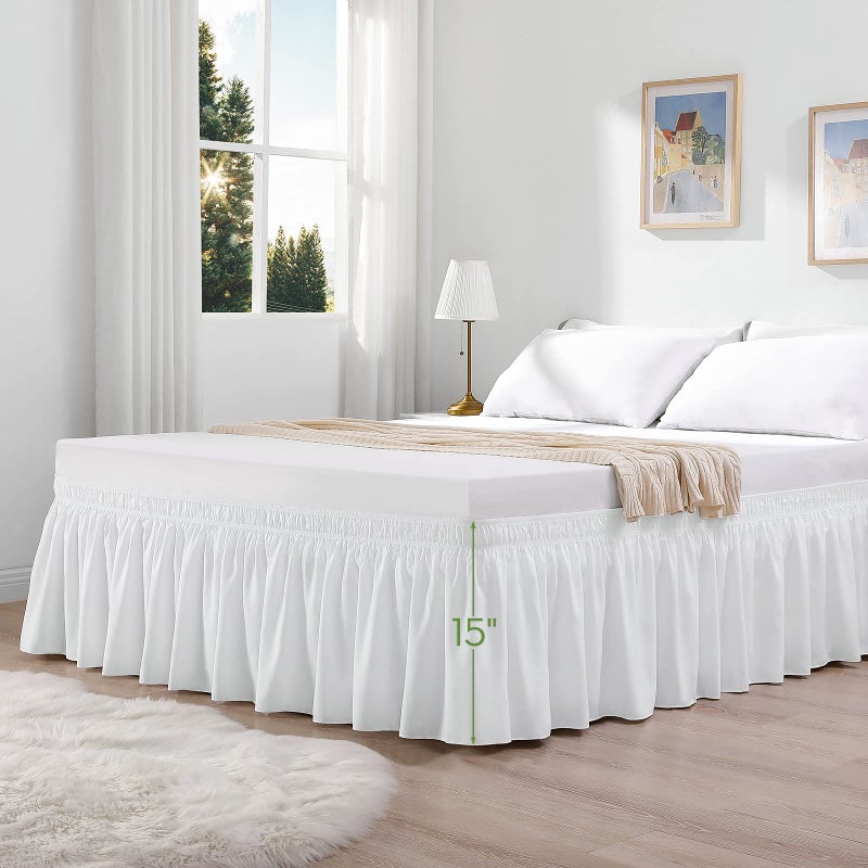 RIMELA White Bed Skirt Queen Size 15 Inch Drop, Elastic Bed Skirting for Adjustable Bed Base & Frame, Bedding Dust Ruffle Easy to Install, Wrap Around Bedskirt, Room Decoration - Image 4