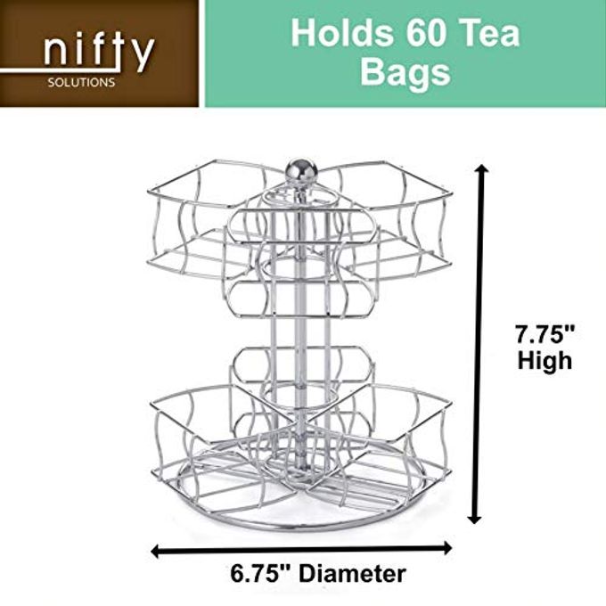Nifty Solutions Nifty Tea Bag Spinning Carousel  6 Compartments, Up to 60 Tea Bags Storage, Spins 360-Degrees, Lazy Susan Platform, Modern Chrome Design, Home or Office Kitchen Counter Organizer - Image 3