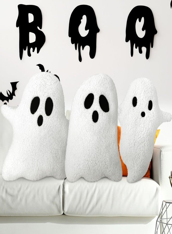 Soaoo 3 Pcs Halloween Pillows 12.6'' x 9.45'' Decorative Spooky Pillows for Sofa White Throw Pillows Decorative Plush Sofa Ghost Cushion for Indoors Home Outdoor Couch Kids - Image 1