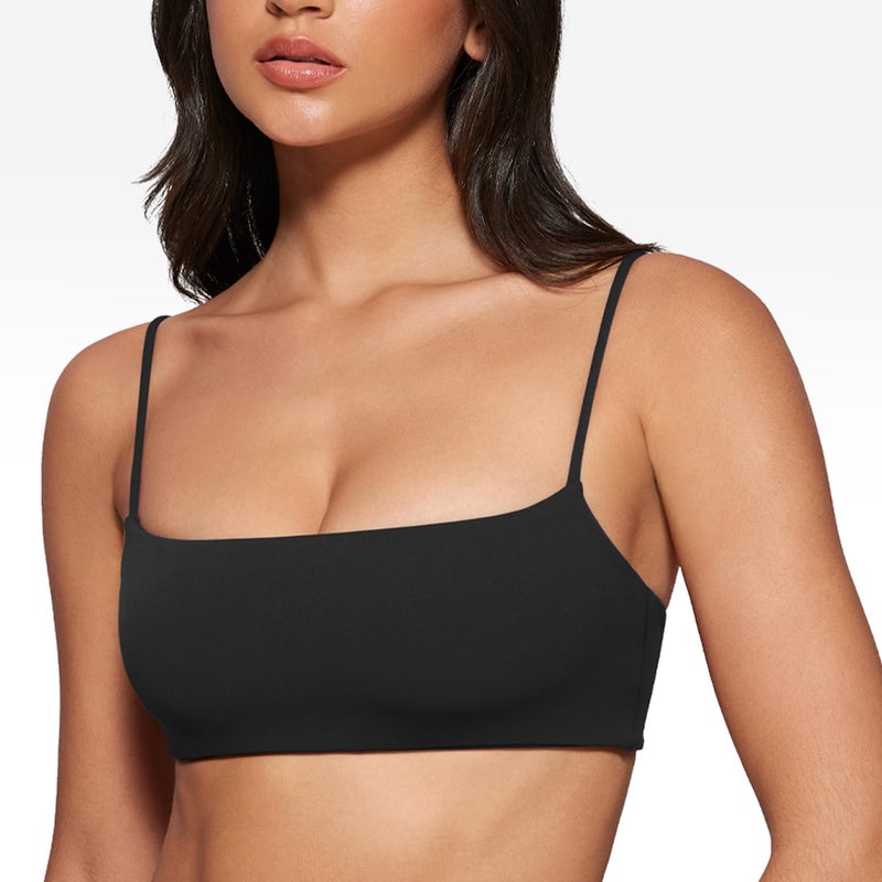 INGIA Women's Square Neck Sports Bra Spaghetti Strap Padded Cami Yoga Wireless Square Back Workout Bra Crop Top Black X-Small - Image 3
