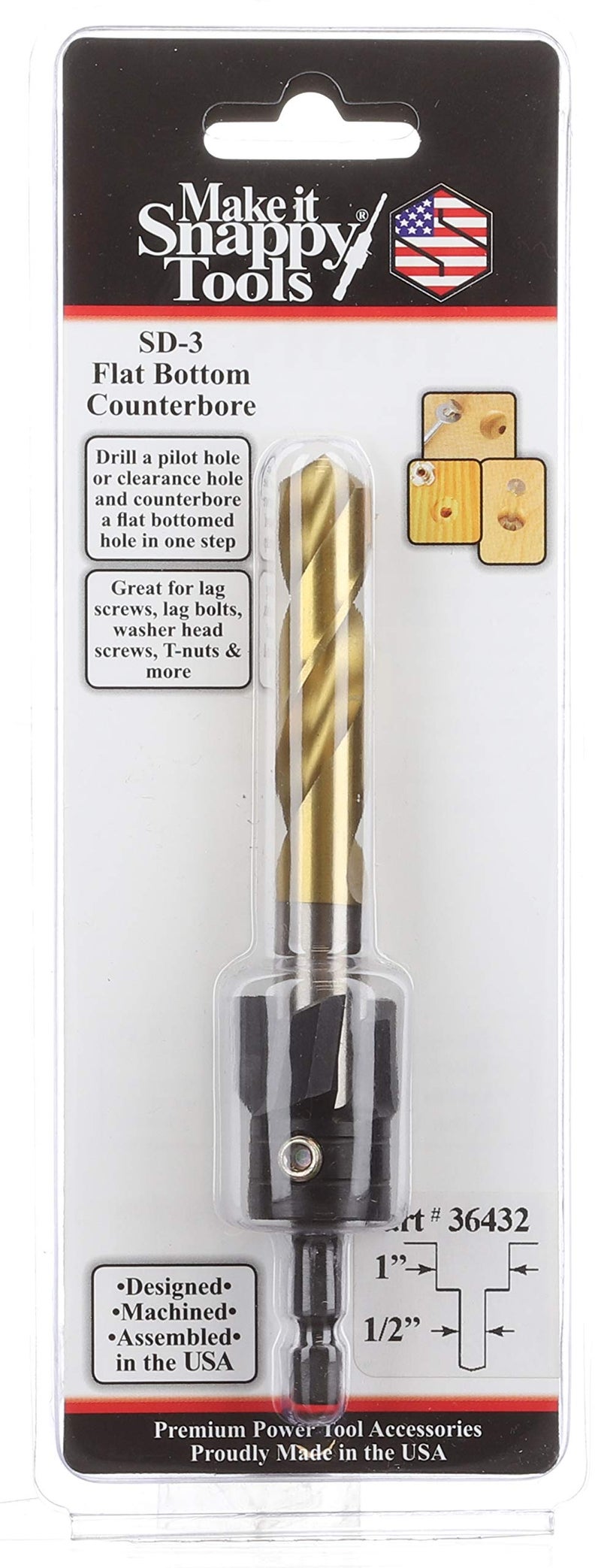 Make It Snappy Tools 1/2 Inch X 1 Inch 3-Flute Flat Bottom Counterbore With Tin Coated Twist Drill #36432 - Image 2