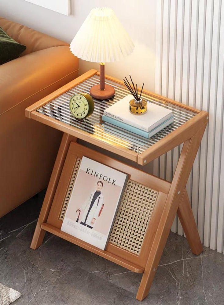 LINGWEI Bamboo End Table with Corrugated Glass Top & Rattan Storage Bedside Nightstand - Image 1
