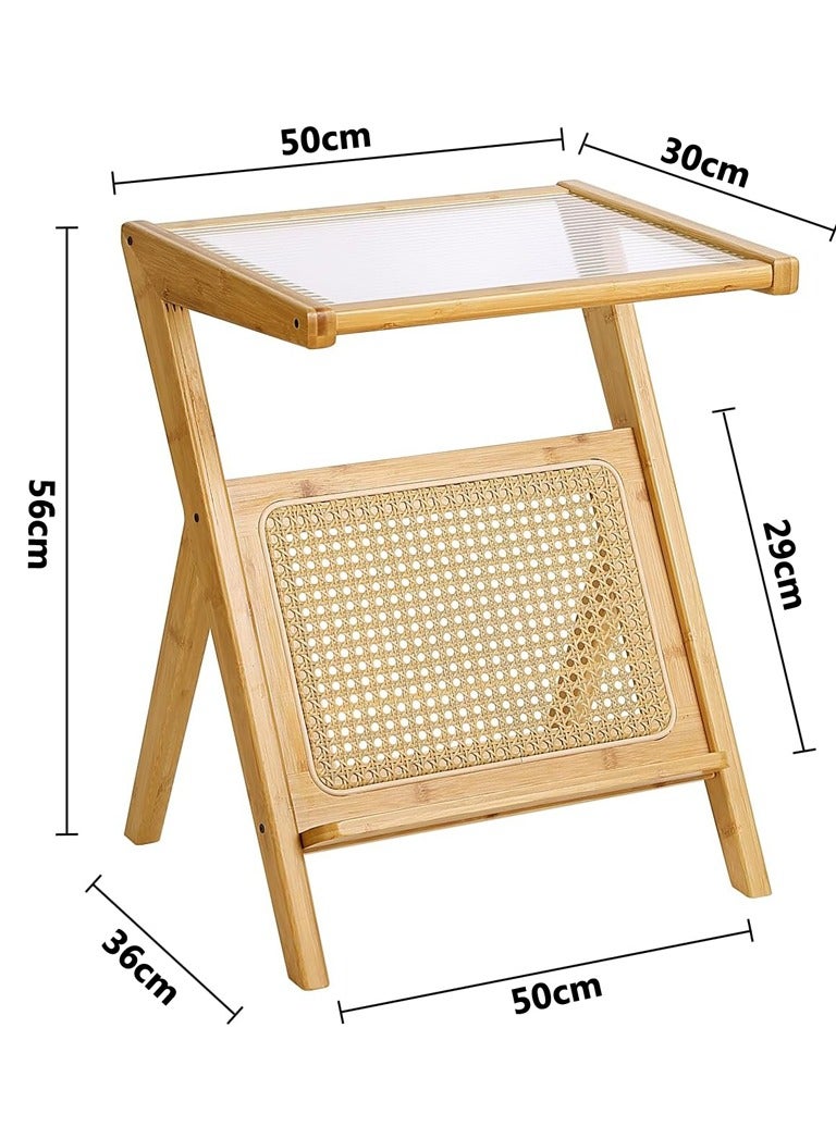 LINGWEI Bamboo End Table with Corrugated Glass Top & Rattan Storage Bedside Nightstand - Image 4