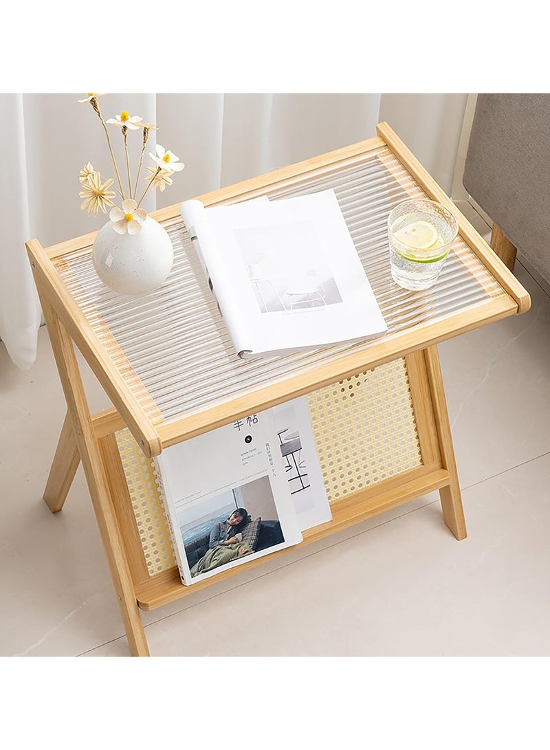 LINGWEI Bamboo End Table with Corrugated Glass Top & Rattan Storage Bedside Nightstand - Image 5