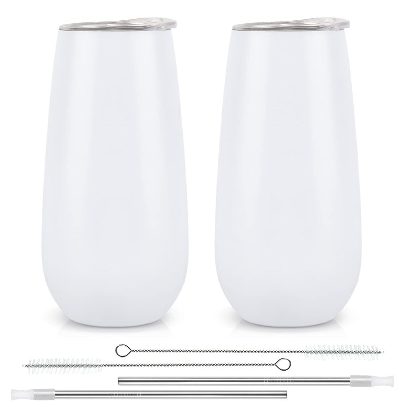 2 Pack Stemless Insulated Tumblers 6 Oz Double Wall Tumbler Unbreakable Glasses for Friends Birthday Christmas Wedding White