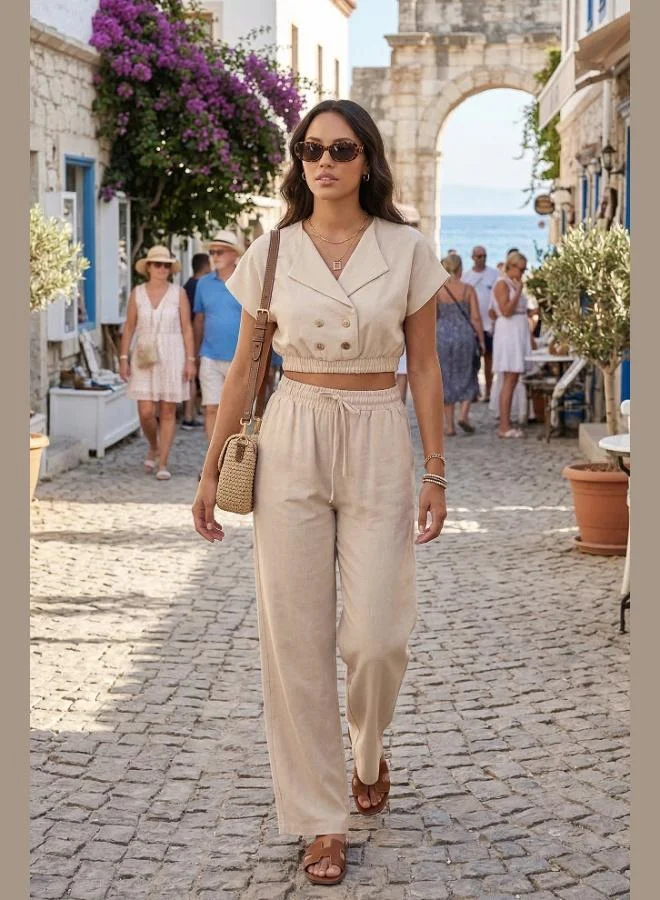 ليلا Lela Regular Fit Double-Breasted Collar Button Detail Crop Suit for Women SET 5866446