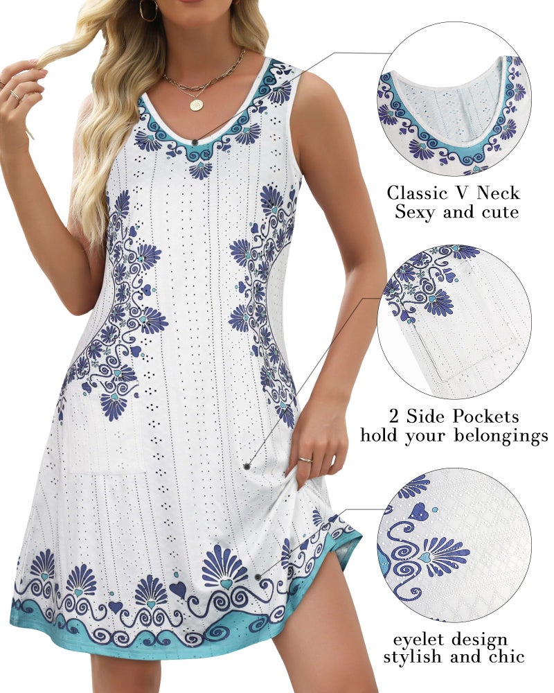 elescat Swimsuit Coverup Summer Dresses for Women Eyelet Casual Loose Sleeveless Sundress with Pockets (White Boho, L) - Image 4