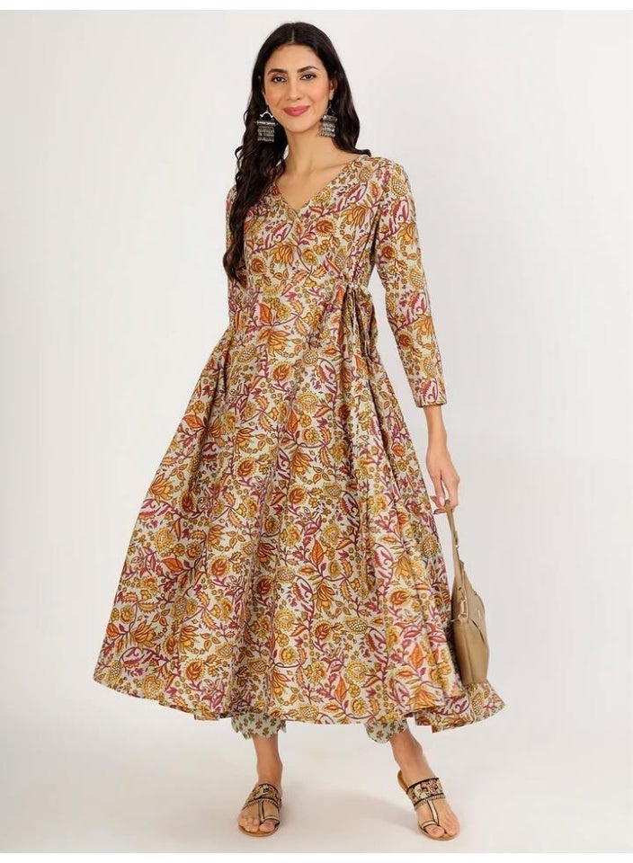 Pure Cotton Floral Long Dress with Pants - Image 1