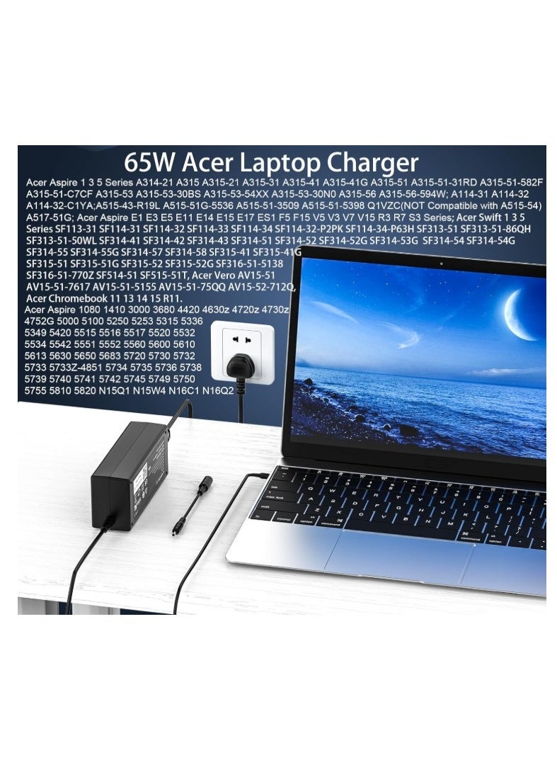 Terabyte شاحن لابتوب أيسر 65 واط، 19 فولت 3.42 أمبير كابل محول طاقة لأيسر أسباير 1 3 5 A114 A315 A314 A515 E3 E5 E15 ES1 ES15 F5 V3 V5 V7 N19C1، سلسلة أيسر سويفت 1 3 5، كروم بوك 11 13 14 15 R11 - Image 2