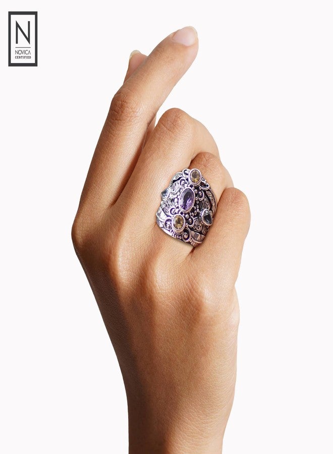 NOVICA Artisan Handmade .925 Sterling Silver Amethyst Blue Topaz Cocktail Ring Balinese Silver Sterling Citrine Multigem Multicolor Purple Yellow Stone Indonesia Animal Themed Birthstone 'Butterfly - Image 5