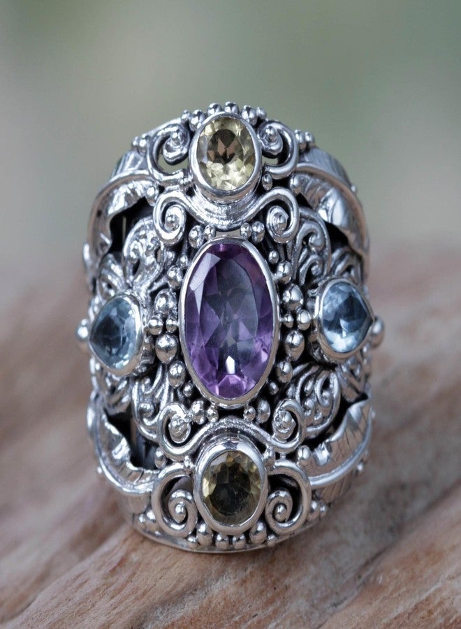 NOVICA Artisan Handmade .925 Sterling Silver Amethyst Blue Topaz Cocktail Ring Balinese Silver Sterling Citrine Multigem Multicolor Purple Yellow Stone Indonesia Animal Themed Birthstone 'Butterfly - Image 2