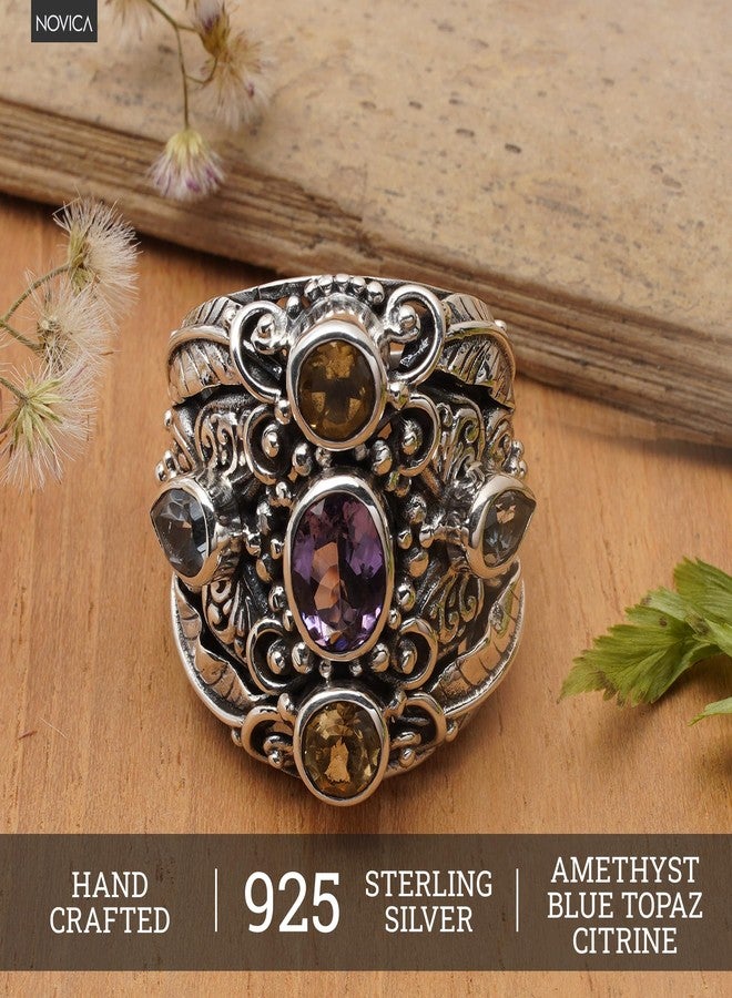 NOVICA Artisan Handmade .925 Sterling Silver Amethyst Blue Topaz Cocktail Ring Balinese Silver Sterling Citrine Multigem Multicolor Purple Yellow Stone Indonesia Animal Themed Birthstone 'Butterfly - Image 4