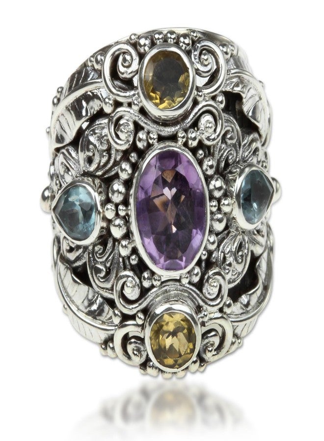 NOVICA Artisan Handmade .925 Sterling Silver Amethyst Blue Topaz Cocktail Ring Balinese Silver Sterling Citrine Multigem Multicolor Purple Yellow Stone Indonesia Animal Themed Birthstone 'Butterfly - Image 1