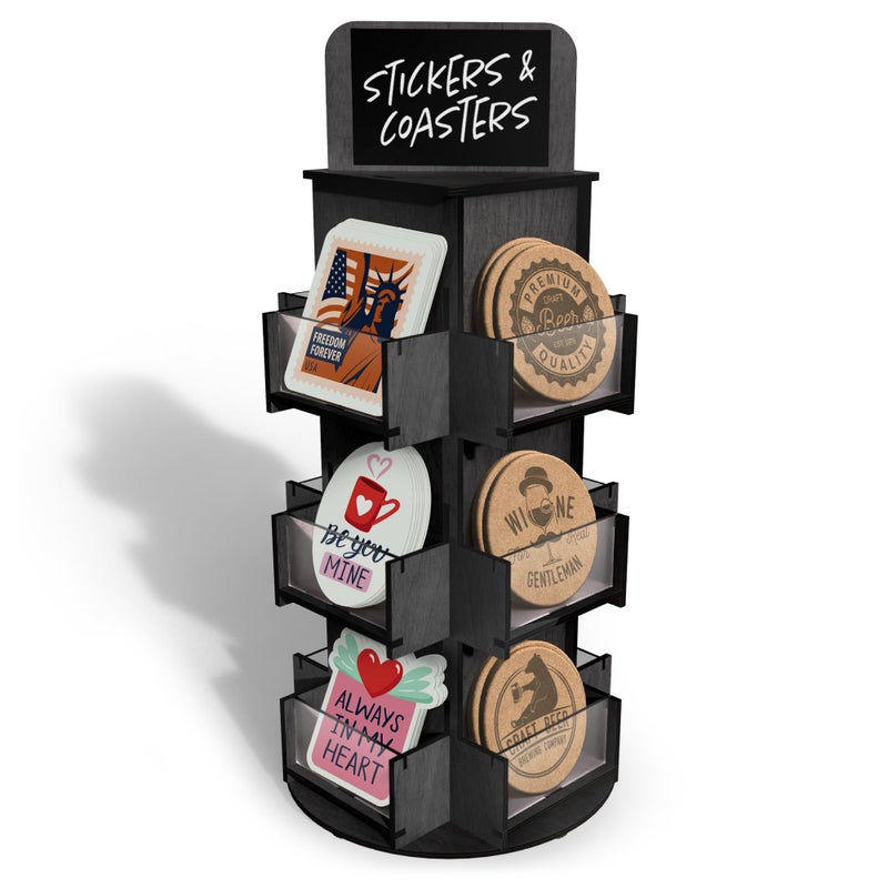 DS THE DISPLAY STORE DS THE DISPLAY STORE 3 Tier Rotating Sticker Display Stand for Vendors Black Wooden Countertop Organizer Shelf for Coasters Retail Showcase Tradeshow 