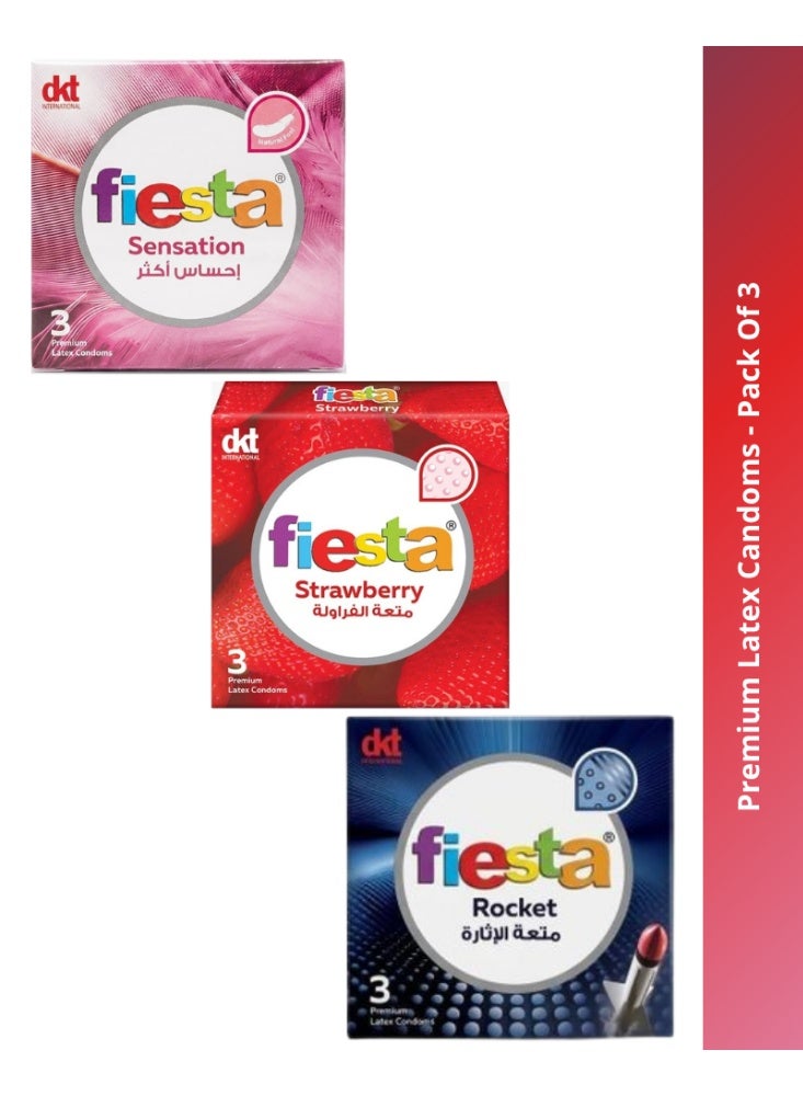 FIESTA Premium Latex Candoms (Sensation, Strawberry & Rocket) 3 pcs - Pack Of 3 - Image 1