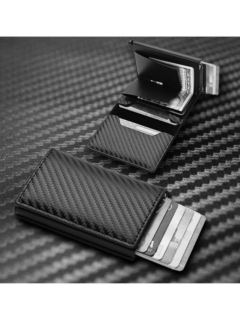 1 Stylish Carbon Fiber Black Anti-Theft Credit Card Bag, Metal Card Box, Men's Wallet Clip, PU Wallet