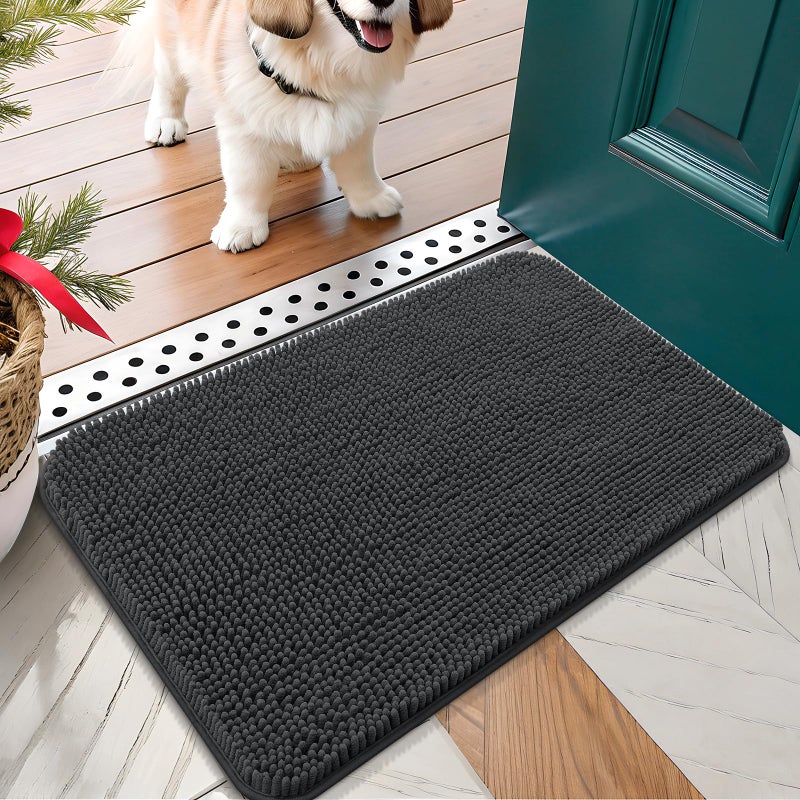 OLANLY Dog Door Mat for Muddy Paws 24x16 Absorbs Moisture and Dirt Absorbent NonSlip Washable Doormat Quick Dry Chenille Mud Mat for Dogs Entry Indoor Entryway Carpet for Inside Floor Dark Grey