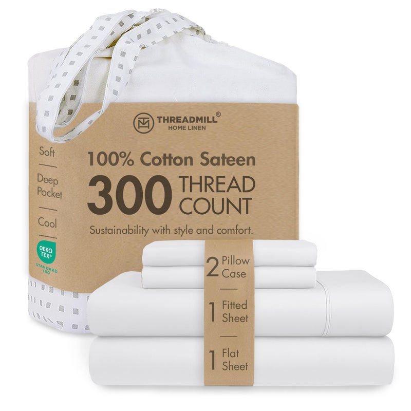 Threadmill Cotton Full Size Sheet Set| 100% Cotton Sheets for Full Size Bed | Solid Sateen Full Bed Sheets Set with 16â€ Elasticized Deep Pocket | Soft Breathable 4-Piece Cooling Sheet Set | White - Image 1