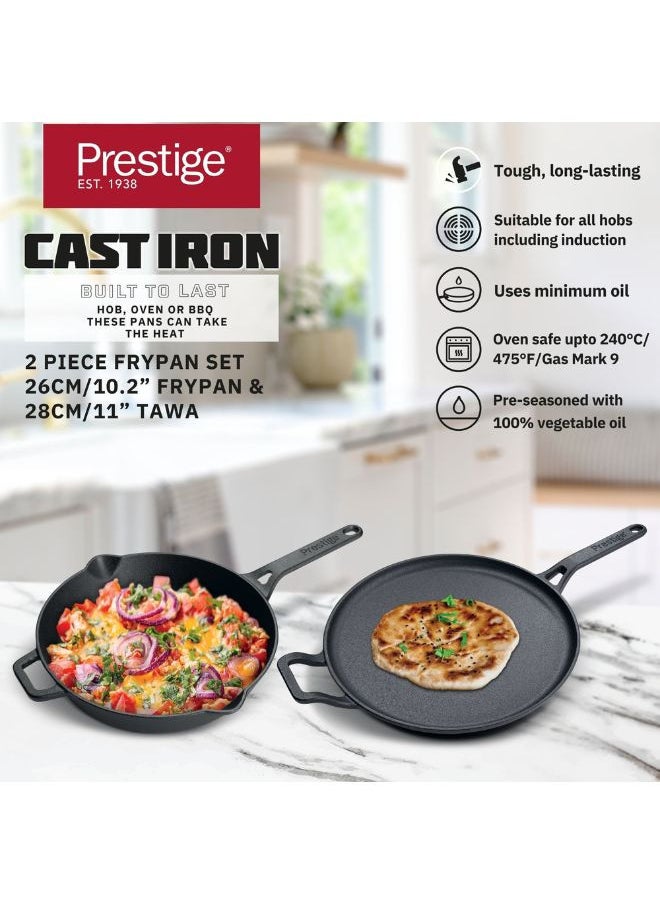 Prestige - طقم أواني الطهي من الحديد الزهر المدفأة مسبقًا - مقلاة دقيق مسطح 28 سم + مقلاة 26 سم | عرض مجموعة للطهي | أدوات الطهي الحديدية | مجموعة أواني الطهي للحث، أسود، PR49081 - Image 1