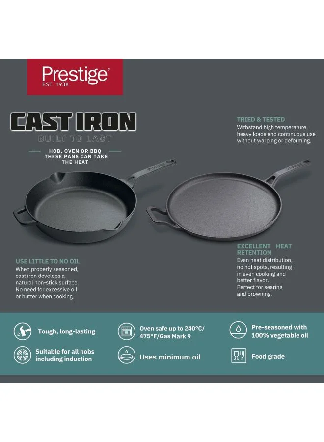 Prestige Prestige Pre-Seasoned Cast Iron Cookware Set - 28cm Flat Dosa Tawa + 26cm Fry Pan | Set Combo Offer for Kitchen | Iron Utensils for Cooking | Induction Cookware Set, Black, PR49081