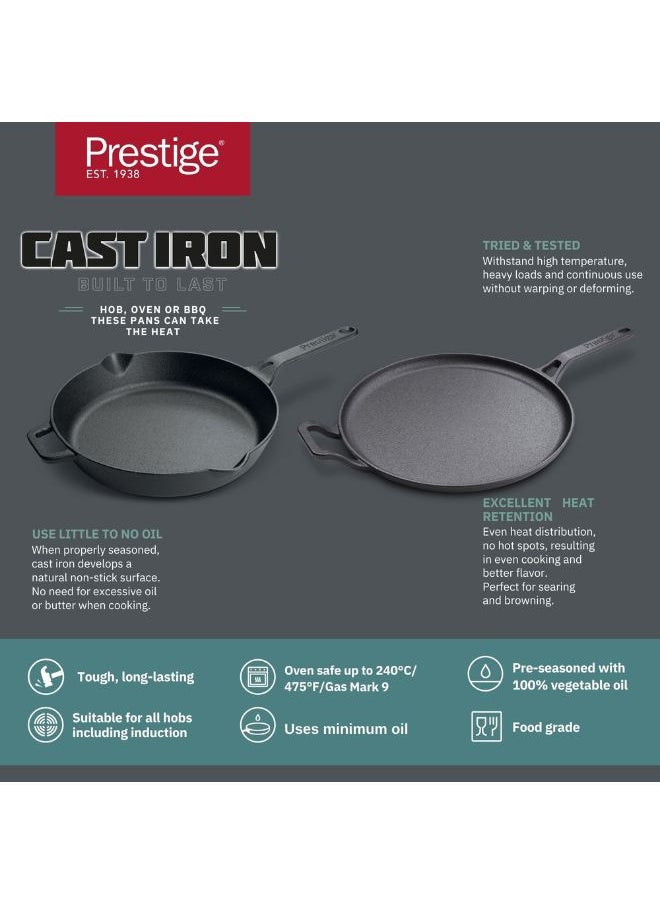 Prestige - طقم أواني الطهي من الحديد الزهر المدفأة مسبقًا - مقلاة دقيق مسطح 28 سم + مقلاة 26 سم | عرض مجموعة للطهي | أدوات الطهي الحديدية | مجموعة أواني الطهي للحث، أسود، PR49081 - Image 1