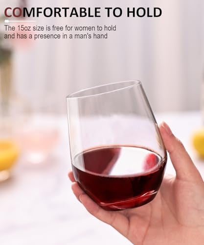 OJA Stemless Wine Glasses Set of 4, Red White Wine Glasses, No Stem, Clear, 15oz, Premium Crystal Sturdy Drinking Glass for Daily Use, Birthday, Wedding, Home Party, Anniversary, Shower Gift - Image 2