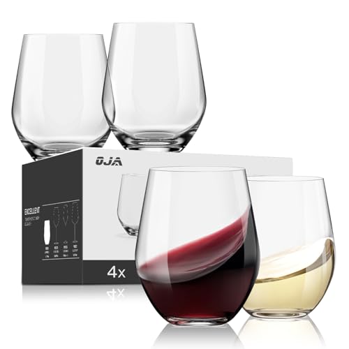 OJA Stemless Wine Glasses Set of 4, Red White Wine Glasses, No Stem, Clear, 15oz, Premium Crystal Sturdy Drinking Glass for Daily Use, Birthday, Wedding, Home Party, Anniversary, Shower Gift - Image 1