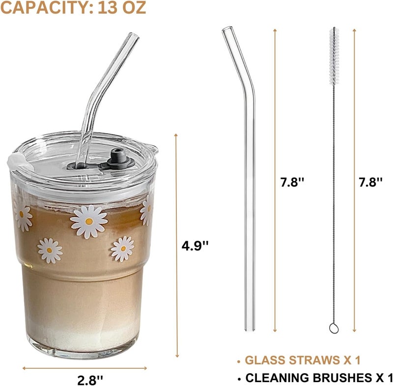 Olvini 391ml Glass Drinking Cup with Straw and Lid, Reusable Travel Cup for Water, Matcha and Coffee (Daisy) - Image 4