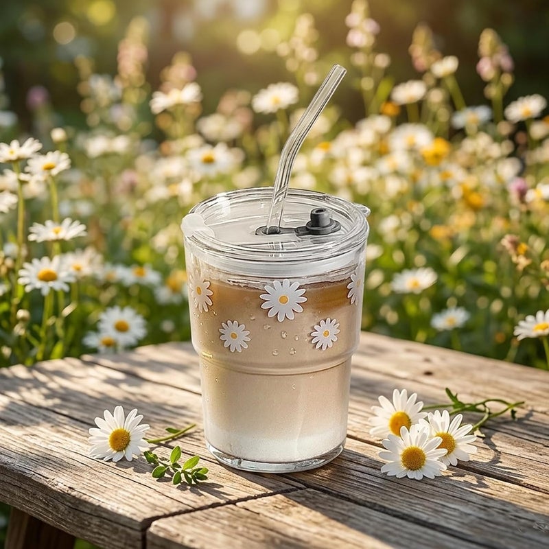 Olvini 391ml Glass Drinking Cup with Straw and Lid, Reusable Travel Cup for Water, Matcha and Coffee (Daisy) - Image 2