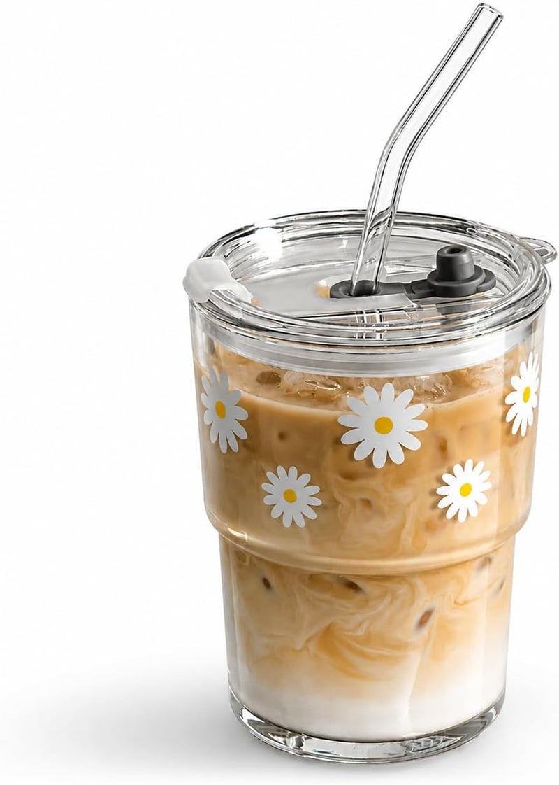 Olvini 391ml Glass Drinking Cup with Straw and Lid, Reusable Travel Cup for Water, Matcha and Coffee (Daisy) - Image 1