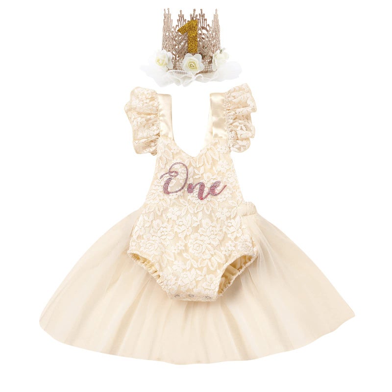 Baby Girls 1st Birthday Outfit Floral Lace Romper Ruffle Short Sleeve Backless Princess Party Tutu Dress Crown Headband Cake Smash Clothes for Photo Shoot 2Pcs Sets Beige One 912 Months