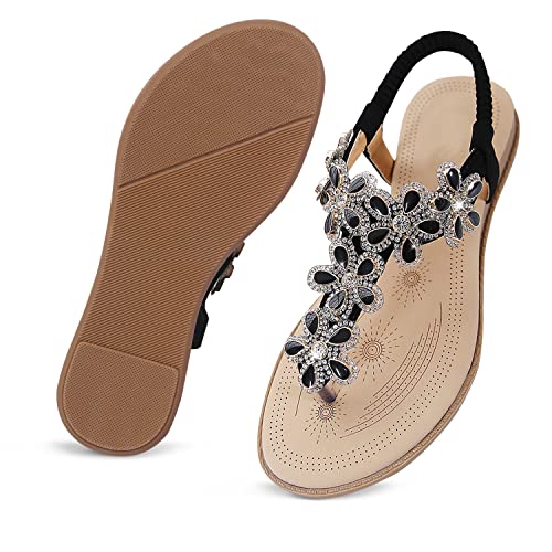 iCKER Women Rhinestone Sandals T-Strap Buckle Bohemian Pearl Crystal Flat Sandals-929-Black-8 - Image 5