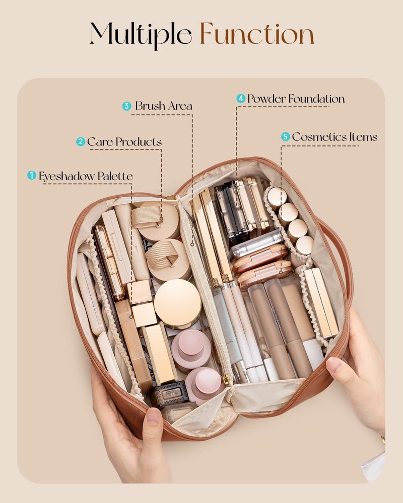 VLANDO Makeup Bag,Travel Toiletry Bag,Cosmetic Bag for Women PU Leather Portable Make up Bag for Skincare, Brushes & Travel Essentials-Brown - Image 3